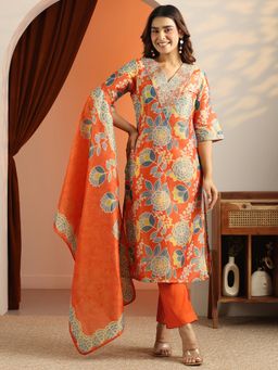 Libas - Orange Floral Printed Straight Kurta with Pant and Dupatta