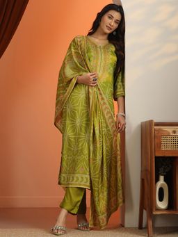 Libas - Green Bandhani Straight Kurta with Pant and Dupatta