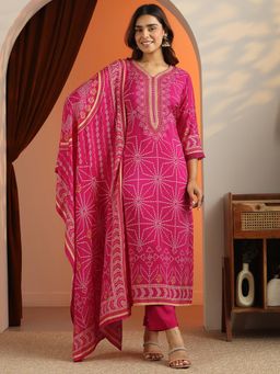 Libas - Pink Bandhani Straight Kurta with Pant and Dupatta