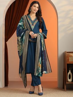 Libas - Blue Embroidered Straight Kurta with Pant and Dupatta