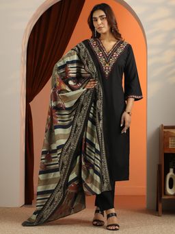 Libas - Black Blue Embroidered Straight Kurta with Pant and Dupatta