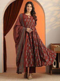 Libas - Maroon Printed Anarkali with Pant and Dupatta