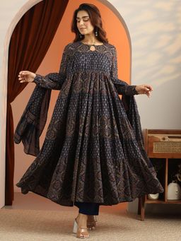 Libas - Blue Printed Anarkali with Pant and Dupatta