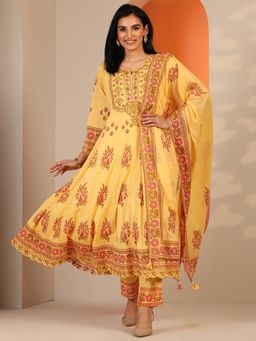 Libas - Yellow Floral Printed Anarkali with Pant and Dupatta