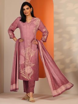 Libas - Dusty Pink Floral Printed Straight Kurta with Pant and Dupatta