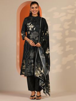 Libas - Black Floral Printed Straight Kurta with Pant and Dupatta