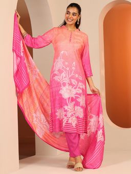 Libas - Pink Floral Printed Straight Kurta with Pant and Dupatta