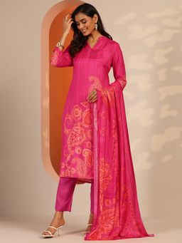 Libas - Pink Floral Printed Straight Kurta with Pant and Dupatta