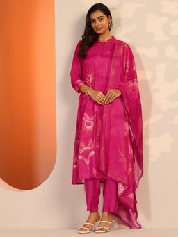 Libas - Pink Floral Printed Straight Kurta with Pant and Dupatta