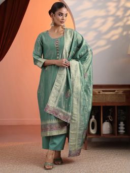 Libas - Green Floral Straight Kurta with Pant and Dupatta