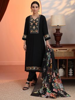 Libas - Black Floral Straight Kurta with Pant and Dupatta