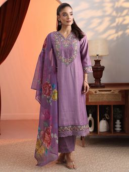 Libas - Lavender Floral Embroidered Kurta with Pant and Dupatta