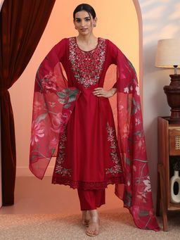 Libas - Red Floral Embroidered Kurta with Pant and Dupatta