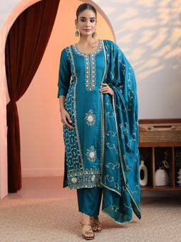 Libas - Blue Gotta Patti Straight Kurta with Pant and Dupatta
