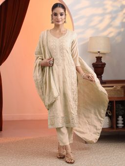 Libas - Cream Embroidered Straight Kurta with Pant and Dupatta