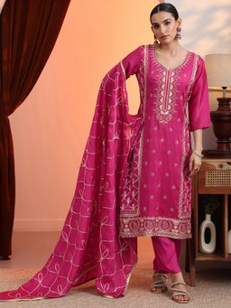 Libas - Pink Embroidered Straight Kurta with Pant and Dupatta