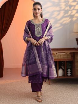 Libas - Purple Printed Straight Kurta with Pant and Dupatta