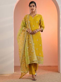 Libas - Mustard Embroidered Straight Kurta with Pant and Dupatta