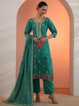 Libas - Teal Floral Embroidered Straight Kurta with Pant and Dupatta
