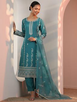 Libas - Teal Blue Embroidered Kurta with Pant and Dupatta