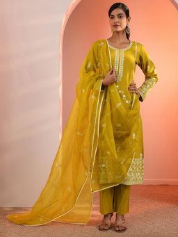 Libas - Mustard Embroidered Straight Kurta with Pant and Dupatta