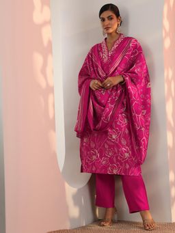 Libas - Pink Floral Straight Kurta with Pant and Dupatta