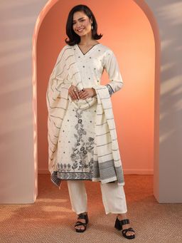 Libas - Off White Floral Straight Kurta with Pant and Dupatta