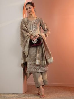 Libas - Taupe Embroidered Straight Kurta with Pant and Dupatta