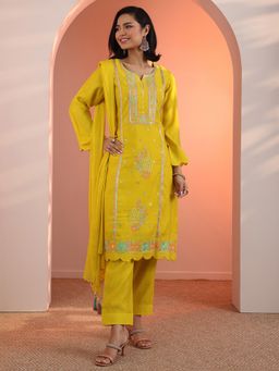 Libas - Yellow Floral Embroidered Kurta with Pant and Dupatta