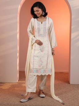 Libas - Off White Floral Embroidered Kurta with Pant and Dupatta
