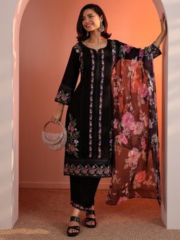 Libas - Black Floral Embroidered Straight Kurta with Pant and Dupatta