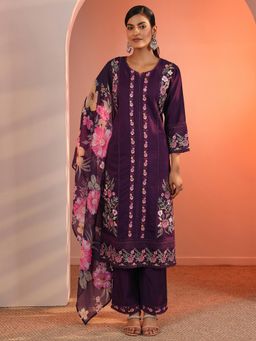 Libas - Purple Floral Embroidered Kurta with Pant and Dupatta