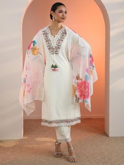 Libas - Off White Floral Embroidered Kurta with Pant and Dupatta