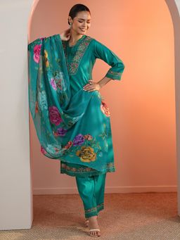 Libas - Teal Floral Embroidered Kurta with Pant and Dupatta