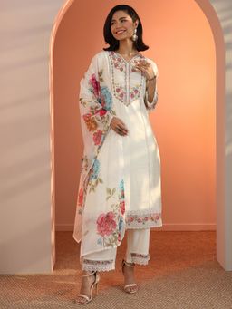 Libas - Off White Floral Embroidered Kurta with Pant with Dupatta