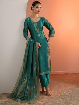 Libas - Teal Zari Woven Design Straight Kurta with Pant and Dupatta