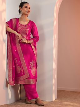 Libas - Pink Zari Woven Design Straight Kurta with Pant and Dupatta