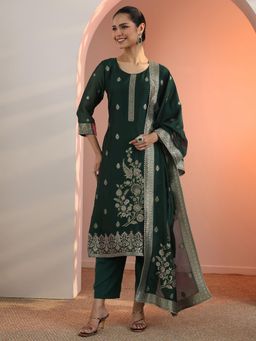 Libas - Green Woven Straight Kurta with Pant and Dupatta