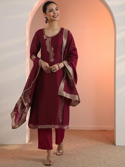 Libas - Maroon Zari Woven Straight Kurta with Pant and Dupatta