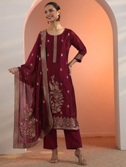 Libas - Wine Woven Straight Kurta with Pant and Dupatta