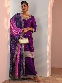 Libas - Purple Embroidered Kurta with Palazzo and Dupatta