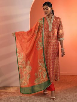 Libas - Orange Printed Anarkali with Pant and Dupatta