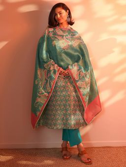Libas - Teal Printed Kurta with Pant and Dupatta