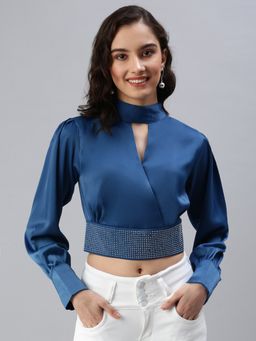 SHOWOFF - Women's Embellished Cinched Waist Blue Choker Neck Crop Top