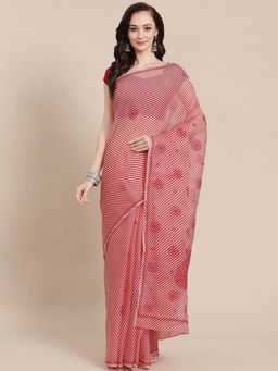 ADA - Hand Embroidered Red Kota Traditional Lucknow Women Chikan Saree with Unstitched Blouse A311352