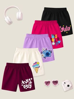 Kuchipoo - Girls Multi-Color Regular Fit Cotton Shorts (Pack of 5)