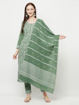 Safaa - Women Cotton Olive Woven Chikankari Design Unstitched Dress Material with Dupatta (Set of 3)