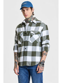 Snitch - Olive Green Checks Full Sleeves Relaxed Casual Overshirt for Men