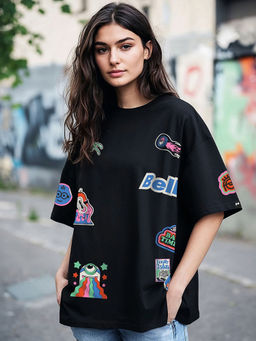 Bewakoof - Women's Black Patch Minion Graphic Printed Oversized T-shirt