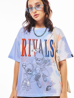 Bewakoof - Women's White & Blue Rivals Of Naruto Graphic Printed Oversized T-shirt